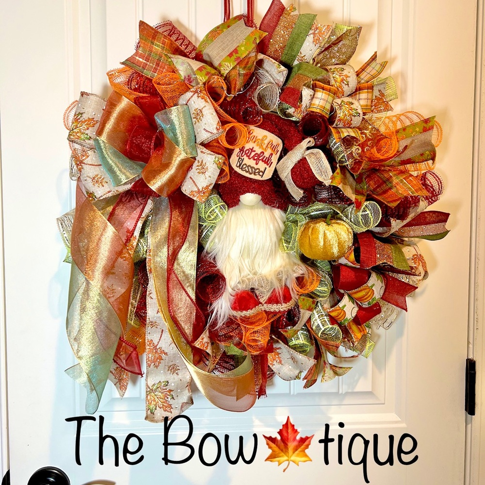 Autum Fall Ribbon Wreath Thankful Gnome Handmade 22 in’s. #W3